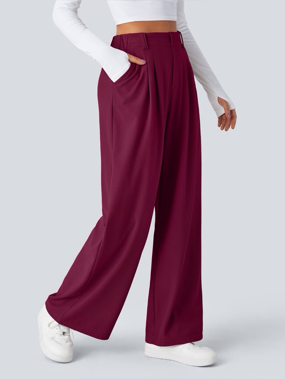 Halara Waffle Wide-Leg High-Waist Pants in Burgundy - Picture 1 of 5